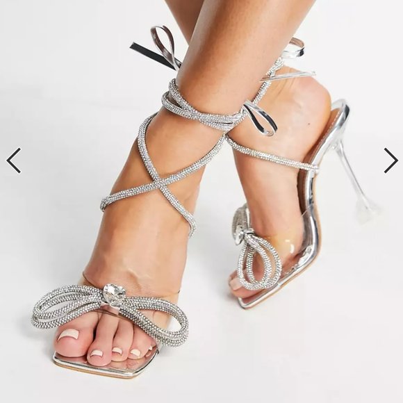 Public Desire Gleam Lace up Diamante Bow Sandals - Picture 8 of 9
